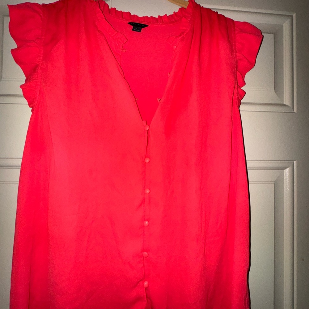 Ann Taylor Vibrant Coral Blouse with Ruffle Detail